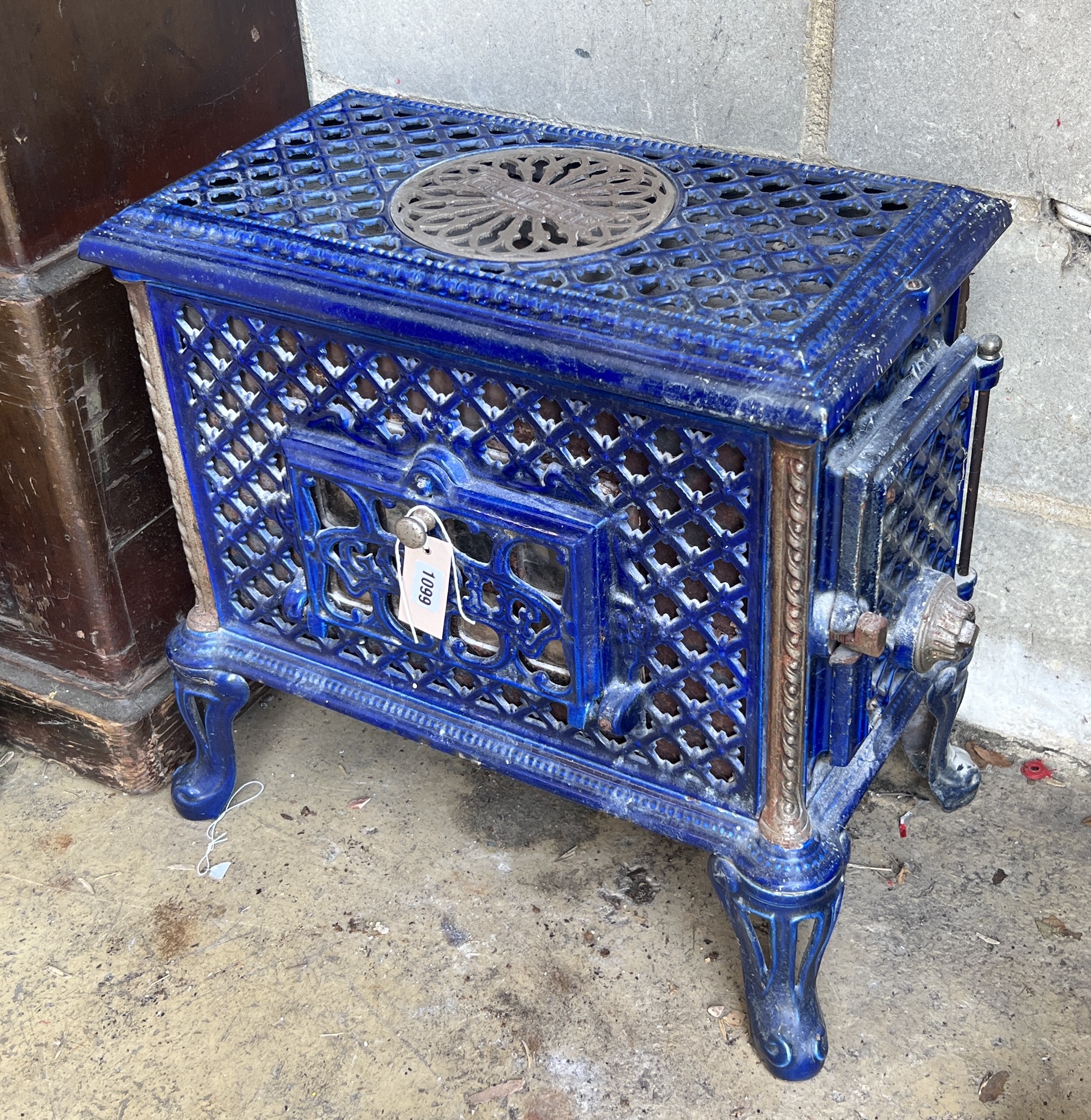 An early 20th century French Chauffette blue enamelled conservatory heater, width 54cm, depth 33cm, height 51cm